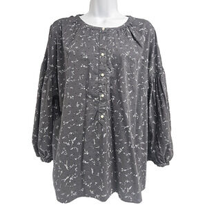 Sonoma Womens Blouse Top Gray Ditsy Floral Puff Sleeve Buttons Peasant Size XXL